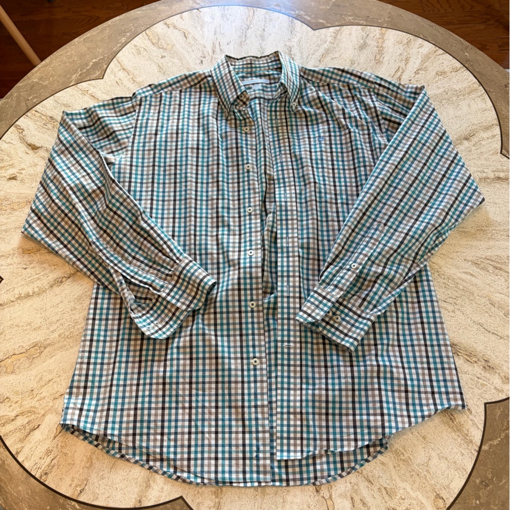 Southern Tide Blue and Tan Checkered Shirt